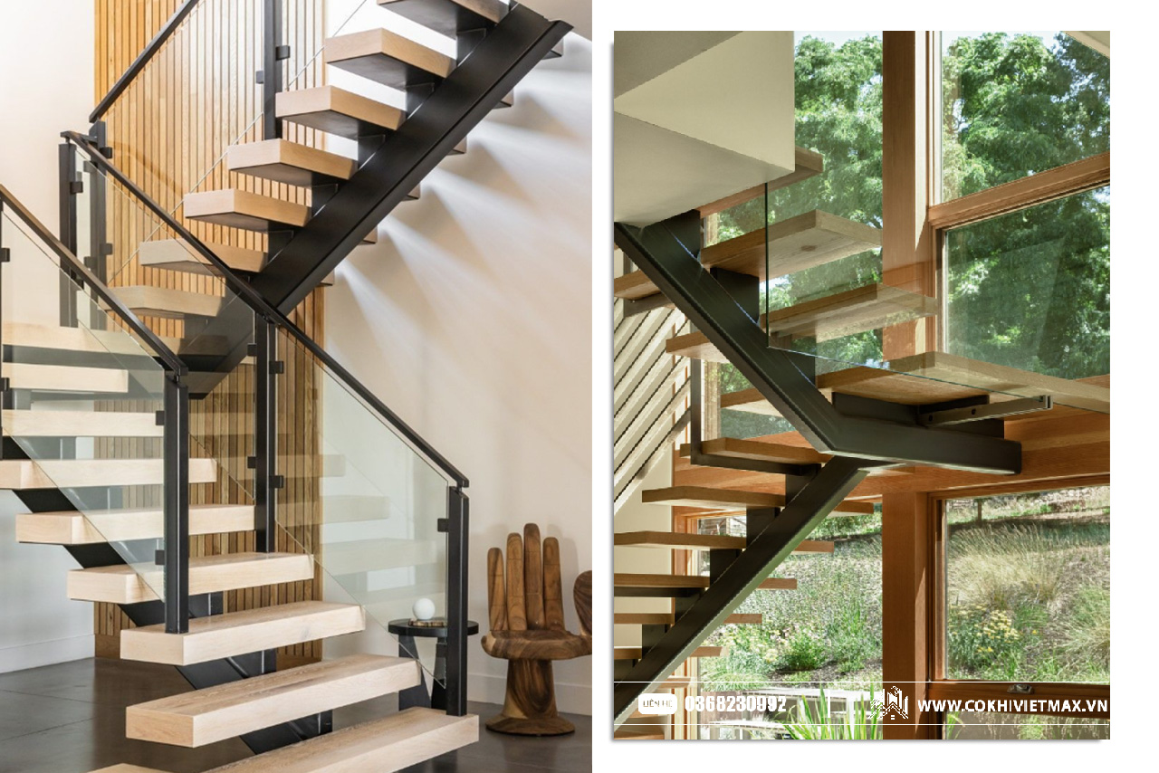 Cầu thang sắt kết hợp gỗ và kính